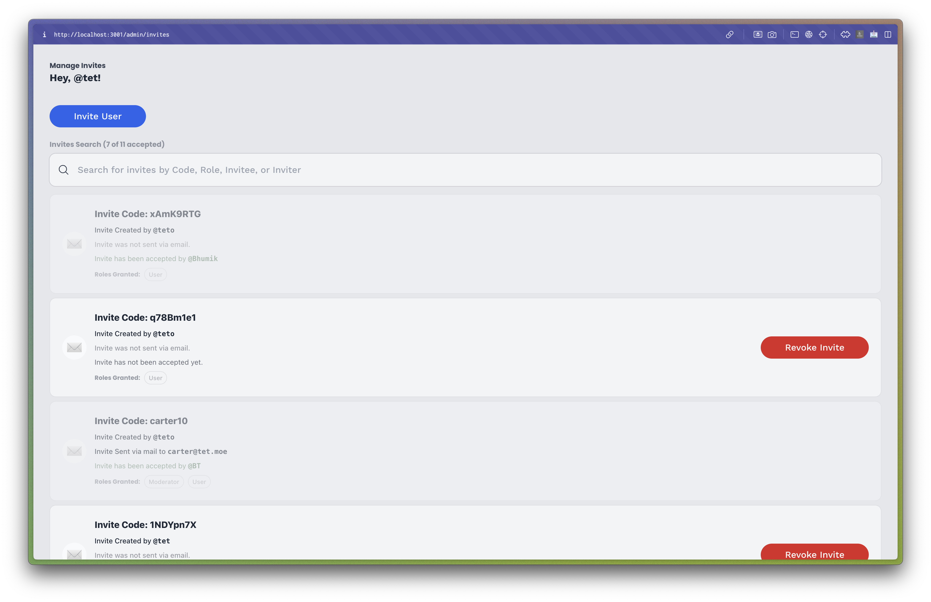 Invite Management Page